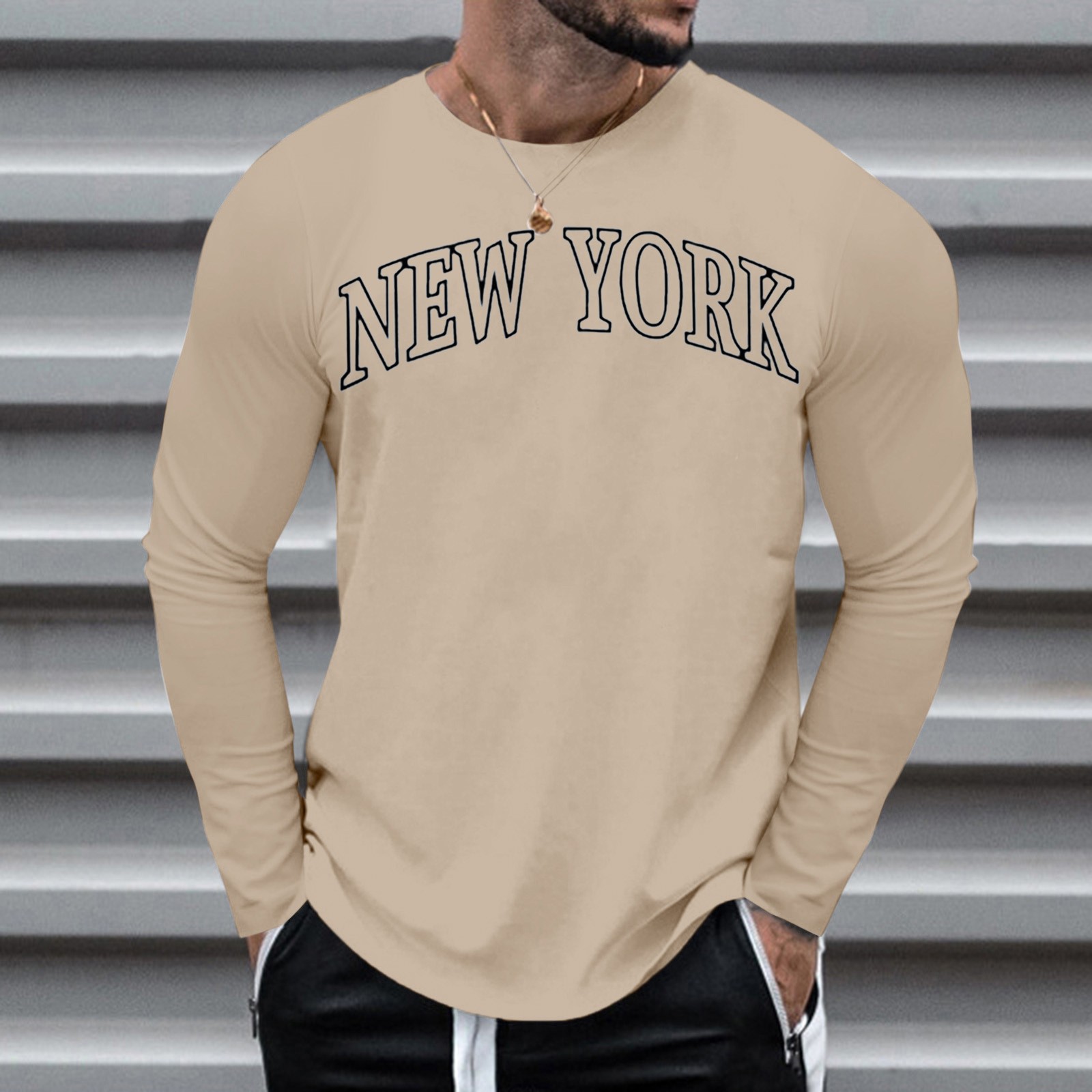 thumbnail image 2 of Camiseta informal de manga larga y cuello redondo con estampado de letras para hombre - Mezcla de poliéster suave, cuello redondo, versátil para fiestas/ocio - Tallas M-XXXL, 2 of 7